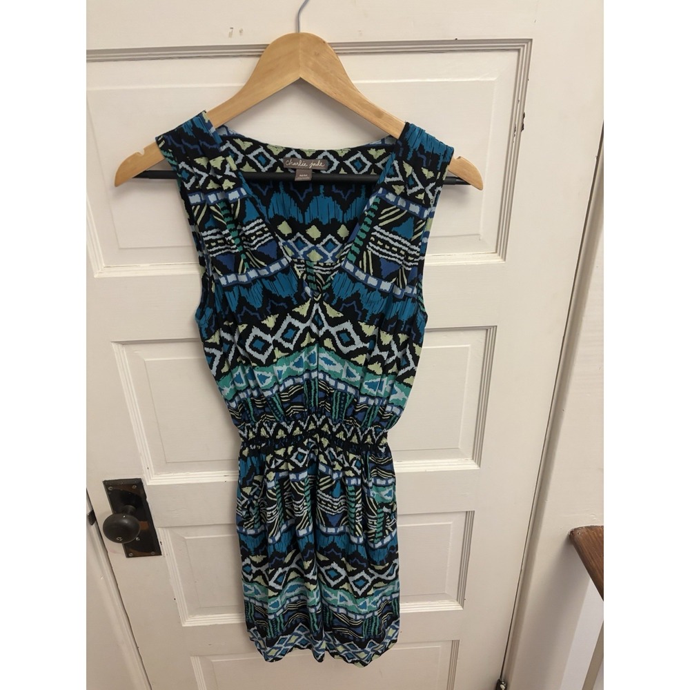 Charlie Jade Women's 100% Silk Blue Patterned Dress Pockets Size Medium